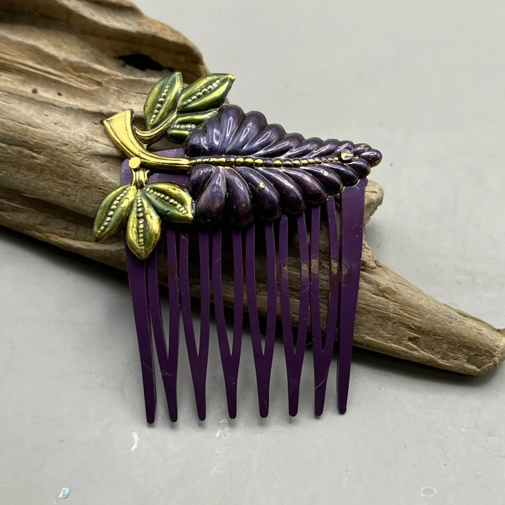 Vintage Hair Clip & Comb Lot - Etched Oval Purple Flower Double Hearts Art Deco
